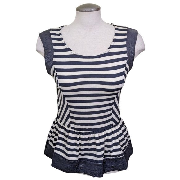 Monteau Los Angeles Womens L Sleeveless Striped Top Black White Faux Croc Trim - Picture 1 of 7